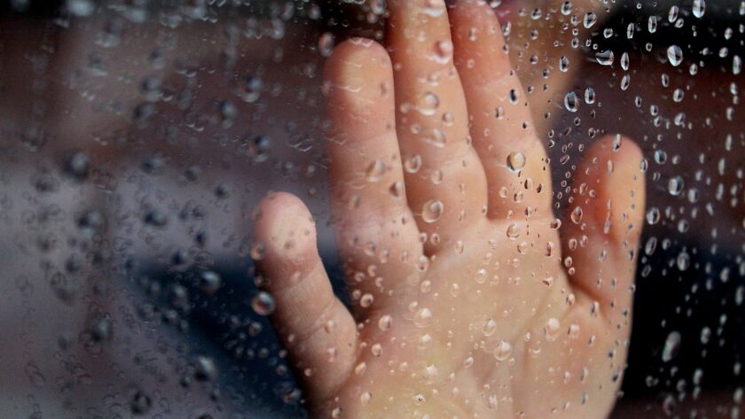 glass, rainy window, hand